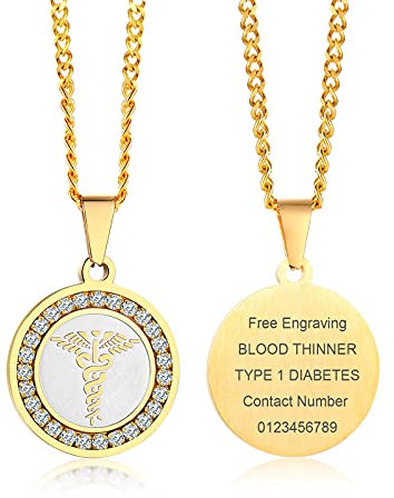 VNOX Farmacia de las mujeres de los hombres Caduceo Médico Alerta ID Cubic Zirconia Round Pendant Necklace Oro,Grabado Gratis