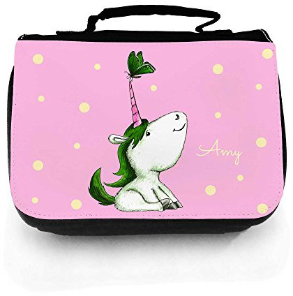 ilka parey wandtattoo-welt® Waschtasche Waschbeutel Kulturbeutel Kosmetiktasche Reisewaschtasche Einhorn pink grün mit Schmetterling und Wunschnamen wt149