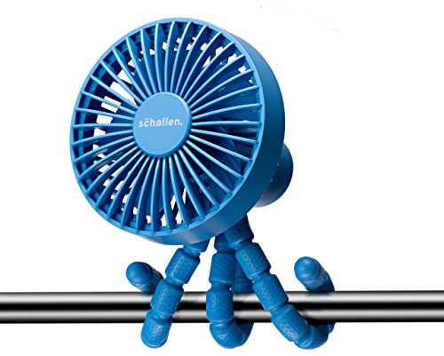 Schallen Rechargeable 4 Way Portable Lightweight Fan for Pram Fan, Car Seat, Desk, Office, Travel Fans | Clip on, Handheld, Tripod & Phone Holder (Blue)