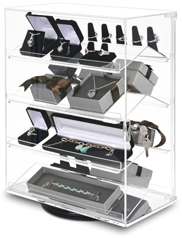 MOOCA Premium 360-Degree Rotating Acrylic Eyewear Showcase with 4 Removable Shelves and Key Lock, Acrylic Display Case, Ideal for Sunglasses, Jewelry, and Collectibles Display