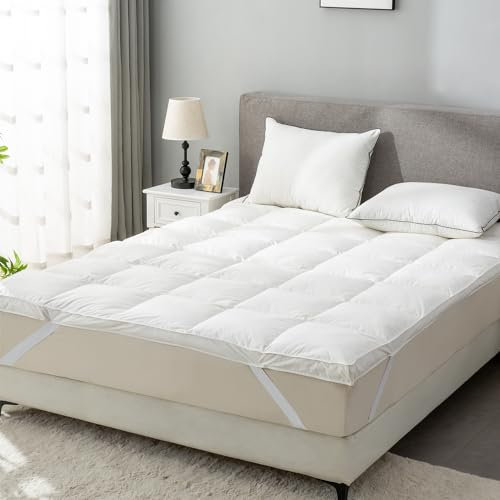 ROSE FEATHER Daunenfeder-Bett-Matratzenauflage, Daunenmatratzenauflage mit Riemen, Plüsch, weich, flauschig, gefüttert, Matratzenauflage, Federauflage, für alle Jahreszeiten, Größe: 99.1x203.2 cm