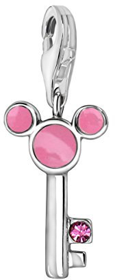 Quiges Charm Anhänger Rosa Zirkonia und Rosa Emaille Cartoon Mouse Maus Schlüssel 925 Silber mit Karabinerverschluss für Bettelarmband