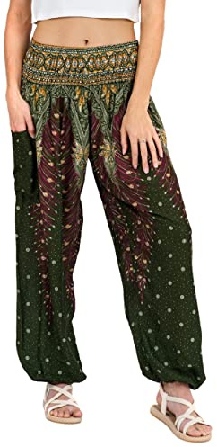 Lofbaz Damen Haremshose Yogahose Pumphose Hippie Hose Boho Kleidung Festival Outfit Sommerhose Leicht Sommer Hosen - Peacock 1 Grün L