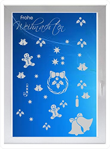 INDIGOS UG - Frohe Weihnachten - Farbe: silberfein satiniert - 96x55 cm - Sichtschutzfolie - Fensterfolie - Glasdekorfolie - für die Küche, Frohe Weihnachten ans Fenster - selbstklebend - matt