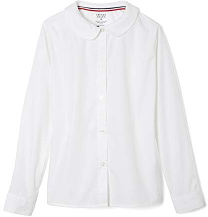French Toast Girls' Long Sleeve Woven Blouse with Peter Pan Collar (Standard & Plus), White, 8
