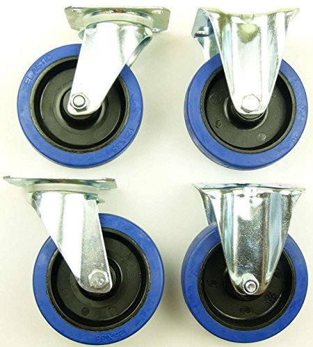 1 Satz 125mm Blue Wheels Lenkrollen + Bockrollen Transportrollen, Elastik Blau, 200kg / Rad - INDUSTRIEQALITÄT (2x Lenk + 2x Bock)