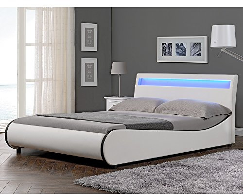 Corium LED Polsterbett Valencia Wellenförmiges Doppelbett mit LED Beleuchtung aus Kunstleder Lattenrost & gepolstertes Kopfteil 180x200cm Weiß mit schwarzer Kante