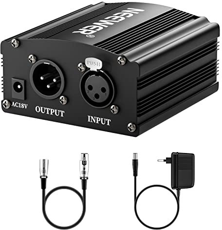 Neewer 1-Canal Phantom 48V Alimentación Suplimiento Negro con Adaptador y Cable de Audio XLR para Caulquier Micrófono Condensador Músico Equipo de Grabación