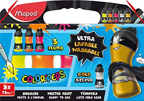 Maped M810012 - Schulmalfarbe Color'Peps, Sonderfarben, 5 x 75 ml, 3 x Fluo, 2 x Metallic, Fluo, Metallic