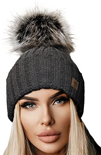 4sold Rita Damen Wurm Winter Style Beanie Strickmütze Mütze mit Fellbommel Bommelmütze HAT SKI Snowboard