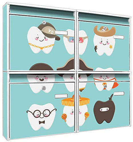 banjado Briefkastenanlage 4 Fach - Postkästen groß - verzinkter Stahl weiß DIN A4 Motiv Neun Zähne - Briefkasten Set 4 Briefkästen Namensschild, 2 Schlüssel, Montagematerial