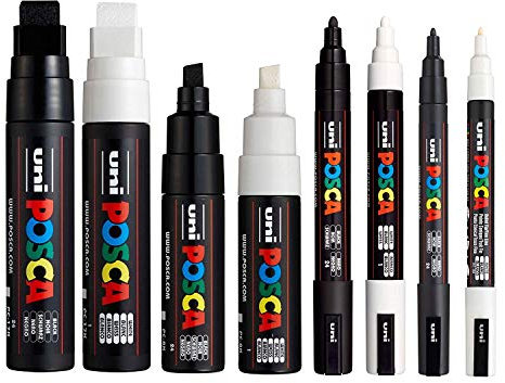 POSCA 8 Stifte (PC-17K, PC-8K, PC-5M, PC-3M) schwarz und weiß, mittelgroß bis breit