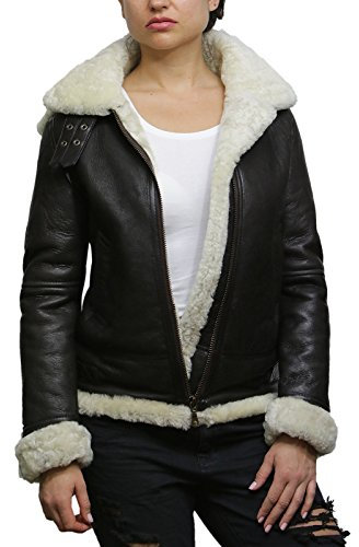 BRANDSLOCK Damen-Frauen mit Kapuze Aviator Echt Shearling Schaffell Fliegen Lederjacke-Mantel (Sahne, x_l)