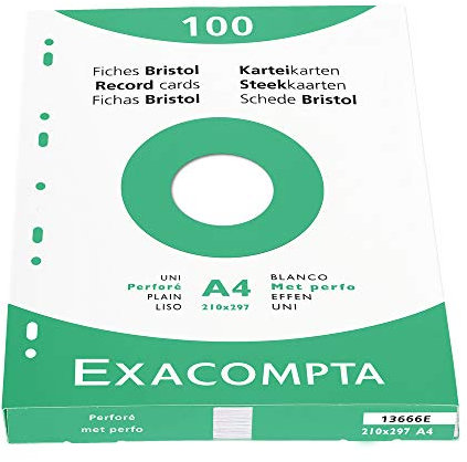 Exacompta 13666E 100er Pack Karteikarten blanco DIN A4 in Kartonschachtel 21 x 29,7 cm gelocht ideal für die Schule und Universität zum Lernen weiß
