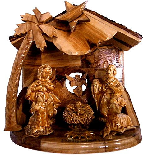Holy Land Market Krippe aus Olivenholz mit rustikalem Stalldach aus Rindendach, geklebte Alabasterstücke (16,5 cm)