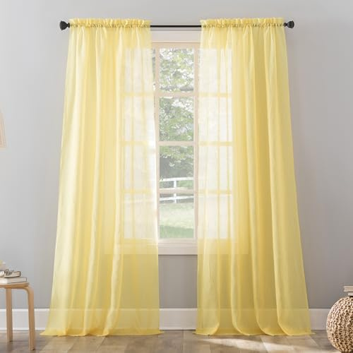 No. 918 Erica Crushed Sheer Voile Rod Pocket Curtain Panel, 51 x 63, Yellow