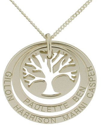 Personalised Solid 9ct White Gold Family Tree of Life Pendant and Optional 1.3mm Wide Diamond Cut Curb Chain In Gift Box (available in 16 to 24)