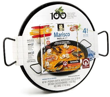 Carmencita - Paella Kit Marisco, Paellera 32 cm | Preparado para paella - Incluye paellera e ingredientes paella SIN GLUTEN | Paellera apta para inducción, vitrocerámica, eléctrica y gas| 4 Raciones