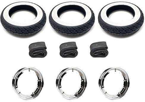 3x Weißwandreifen 3.50-10 Chrom Felgen Satz passend für Piaggio Ape 50 TM, Komplettradsatz mit Reifen, Felgen & Schläuchen