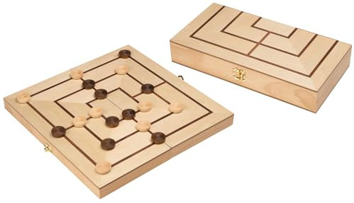 Philos Nine Mens Morris game with folding wooden board - Storage space for the playing pieces - Strategy board game for 2 players - Merelles - Merels