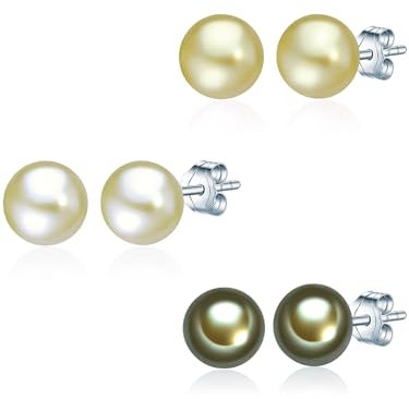 Valero Pearls Damen-Set: 3 Paar Ohrstecker Hochwertige Süßwasser-Zuchtperlen 7 mm Button grün 925 Sterling Silber - Perlenohrstecker mit echten Perlen