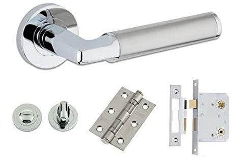 Door Handle Set Lever Bathroom / Privacy Door Pack Kit Bundle Milan Dual Twin Finish Chrome / Satin