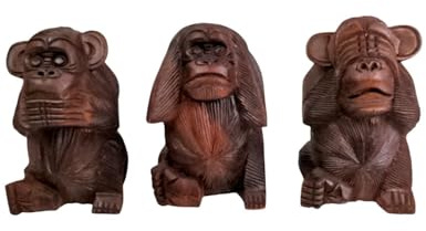 Artisanal Die 3 Affen der Weisheit XL Statuen aus Massivholz, Höhe 20 cm
