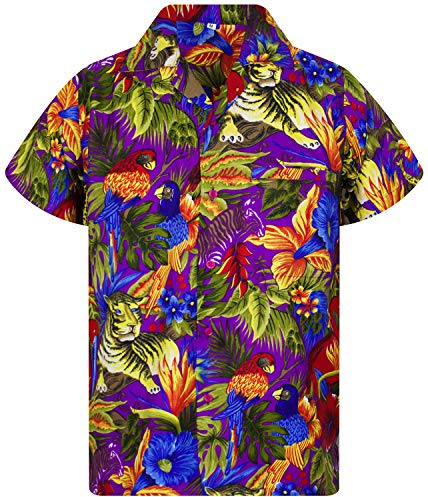 V.H.O. Funky Hawaii-Hemd, Herren, Kurzarm, Jungle, Violett, 3XL