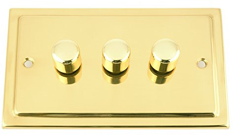 Mains LED Light Dimmer Switch 250W 3 Gang - Victorian - Polished Brass - Push On/Off 2 Way