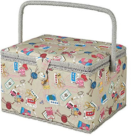 Sewing Online Großer Grauer Notions Nähkasten, moderner Stoff mit mehrfarbigem Muster, 23,5 x 31 x 20 cm