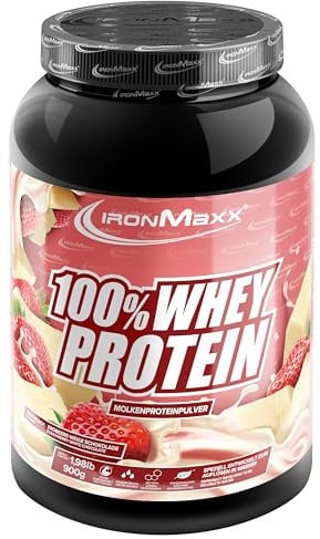 100% Whey Protein Pulver 900g Strawberry White Chocolate - Leckerer High Protein Shake, 36g Eiweiß pro Portion, Power Drink für intensives Muskel-Training, Mit BCAAs und EAAs