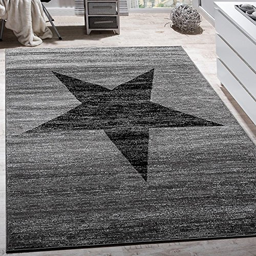 Paco Home Wohnzimmer Teppich Mit Stern Muster, Moderner Kinder- und Jugendzimmer Kurzflor, Grösse:60x100 cm, Farbe:Grau