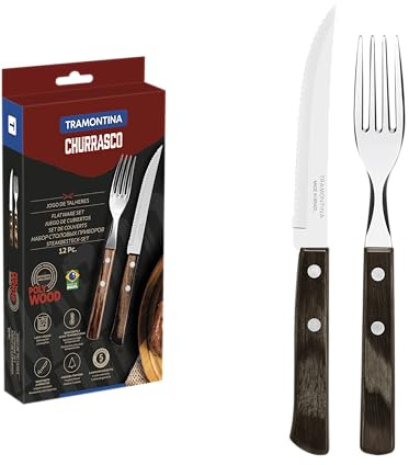 Tramontina 21199/911 Steakbesteck-Set, 12-teilig mit braunen Griffen 2-Fach vernietet, 6X Steakmesser 5 Zoll, 6X Steakgabel