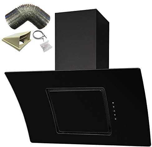 SIA 90cm Black Touch Control Angled Curved Glass Cooker Hood And 3m Ducting Kit