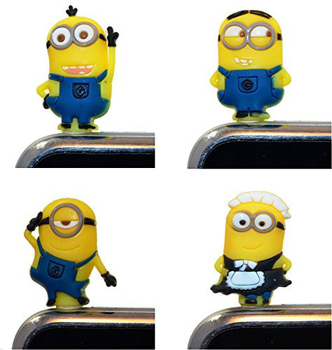 Miya@ 4tlg Super süß Minions Staub Schutz Stöpsel Staubdichter Kopfhörer Stecker Ohrhörer Handyanhänger Klinkenbuchse - Handyschmuck Headset Buchse für Handy