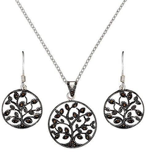 Silverly Women's 925 Sterling Silver Simulated Marcasite Tree of Life Earrings Necklace Jewellery Set, 18