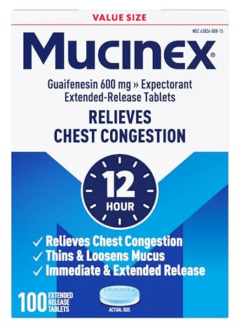 Mucinex 12 Hour 600 mg Guaifenesin Extended-Release Tablets for Excess Mucus Relief, Expectorant Aids Excess Mucus Removal, Chest Congestion Relief, 100 Bi-Layer Tablets