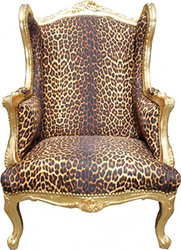 Casa Padrino Barock Lounge Thron Sessel Leopard/Gold - Ohren Sessel - Ohrensessel Tron Stuhl