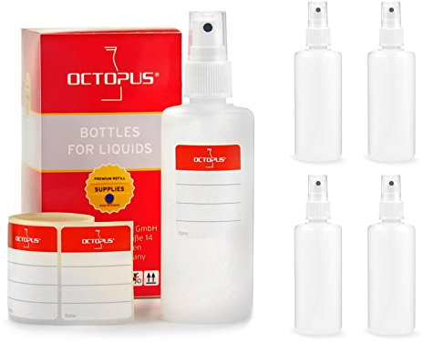 5 Octopus pulverizadores de 100 ml con pulverizador manual, botellas plásticas con pulverizador de bombeo manual, botellas de plástico fabricadas en HDPE con nebulizador, incluye etiquetas para su identificación