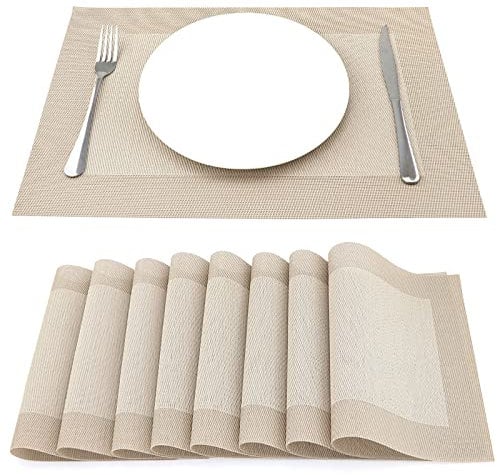 SueH Design Gewebte Platzsets Tischsets 8er Set Vinyl Hitzebeständig Platzdeckchen Antifouling und Waschbar 45 cm * 30 cm, Beige