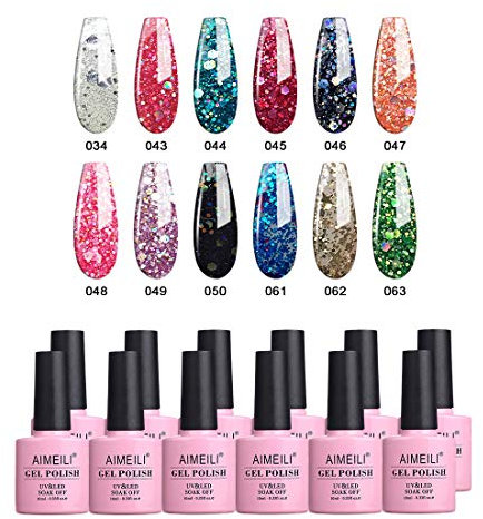 AIMEILI UV LED Glitzer Gellack mehrfarbig ablösbarer Gel Nagellack Gel Polish Set - 12 x 10ml - Kit Nummer 7