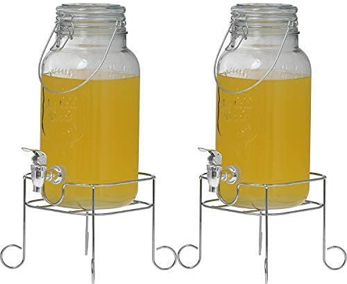 DRULINE Getränkespender mit Hahn 4L 5L 8L Glas Enjoy mit Ständer und Zapfhahn Wasserspender Limonadenspender Saftspender Dispenser Trinkspender (4 Liter, 2 x Enjoy Spender + 2 x Standfuß)
