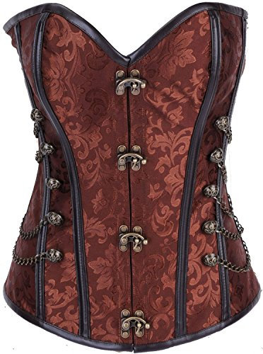 Imbry Vintage Corsagetop Damen Corset Korsett mit Nieten G-String (S, Braun)