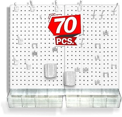 Azar Displays, 900945-WHT, 70 Piece Pegboard Organizer, Wall Mount Peg Board Combination Panel Kit for Bedroom, Craft Room, Study, Office or Garage, Assorted Accessories Hooks and Bins, 27x22, White