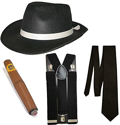 Henbrandt Gangster-Kostüm Herren - Hut/Krawatte/Hosenträger/Zigarre - 20er Jahre - Schwarz