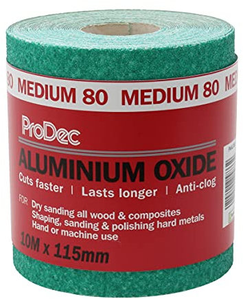 ProDec Rollo de 10 m de papel de lija abrasivo de óxido de aluminio verde de grano medio de 80 g para lijar madera, pintura, yeso, masilla, metal y más, 115 mm de ancho