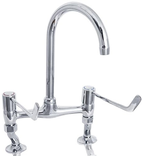 Deva DLV305B Bridge Kitchen Tap in Chrome with 6 Long Large Lever Action Handles Silver Mixer Sink Basin Swivel Spout Taps-12 Year Warranty
