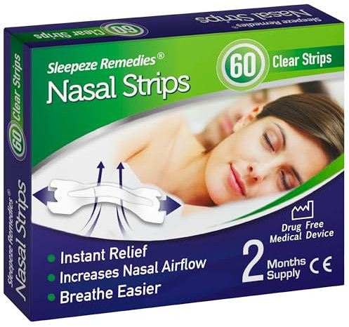 Sleepeze Remedies Nasenpflaster Transparent x60 Sleepeze Remedies Nasenstrips stoppen das Schnarchen, Premium Nasenstrips gegen Schnarchen, Schnarchreduktion, Nasal Strips, Nose Strips Anti Schnarch