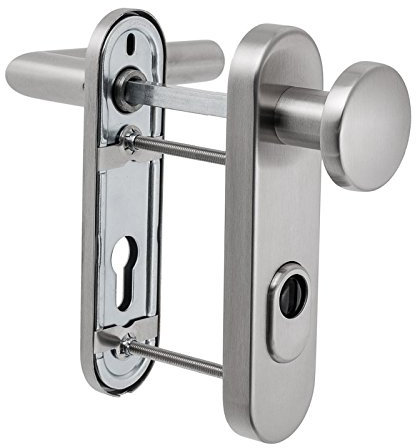 ES1 (SK2) Kurzschild-Wechselgarnitur mit ZA | V2a Edelstahl matt | 72er Abstand | G-Form Drücker