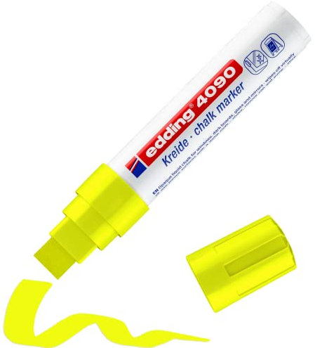 edding 4090 Kreidemarker - neon-gelb - 1 Kreidestift - Keilspitze 4-15 mm - breiter Kreidestift für Tafel abwischbar - zum Beschriften von Fenster, Glas, Spiegel - Tafelstift mit deckenden Farben